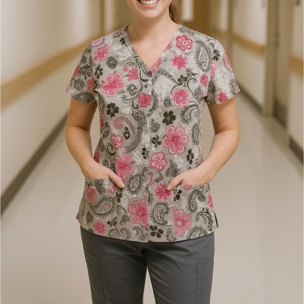 Scrub Top Women's M Paisley Pink Black Gray Multicolor Pullover Vneck Smocked Ba